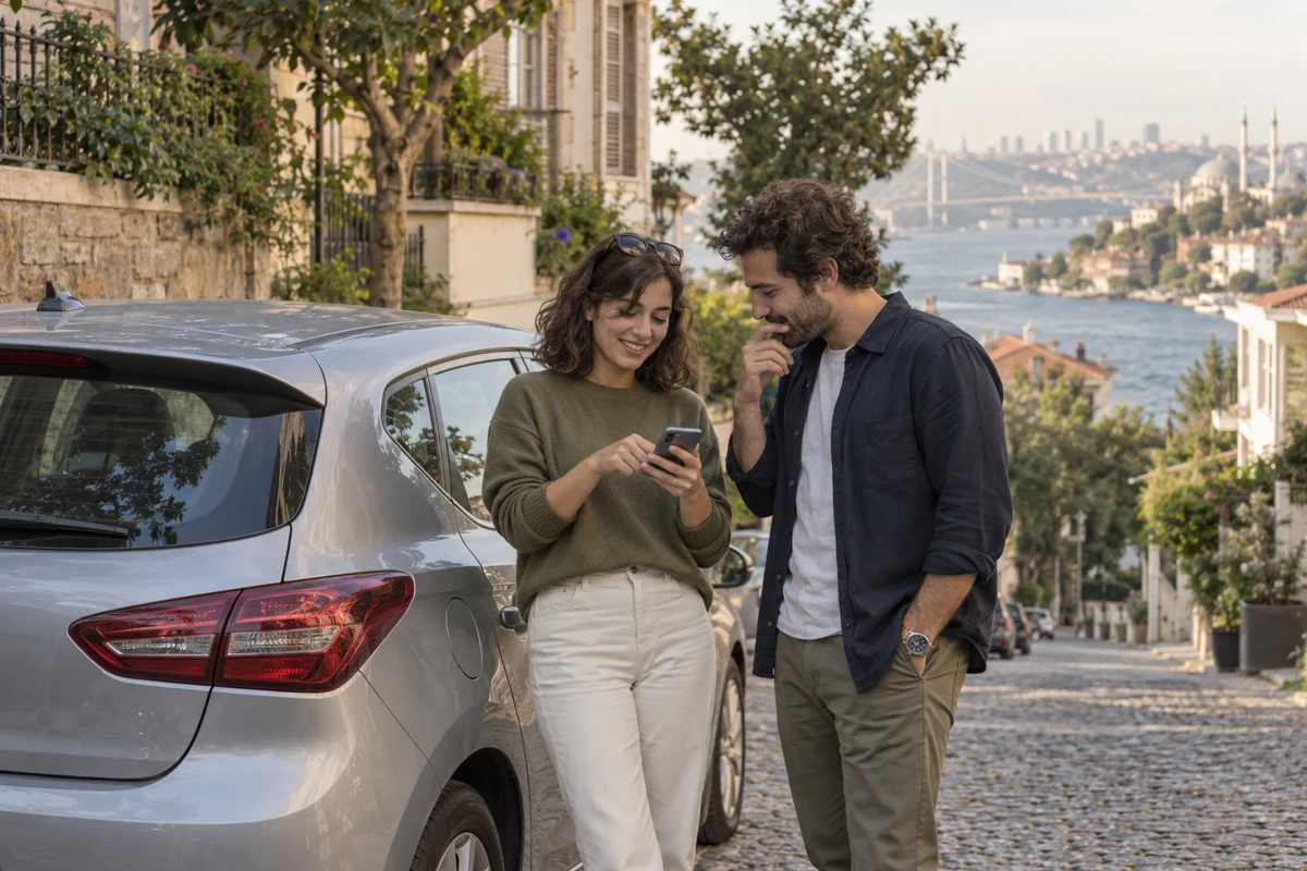 Araç yanında telefon üzerinden özellikleri değerlendiren araç sahiplerini temsil eden sahne
