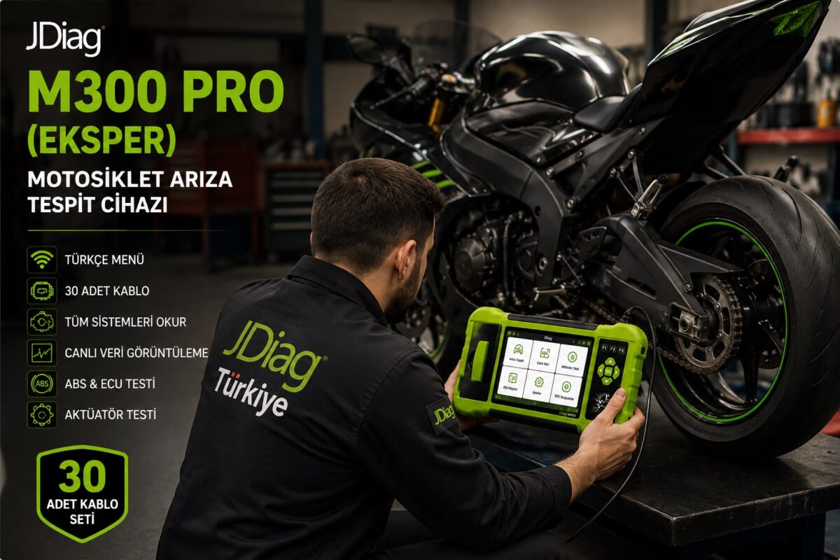 Motosiklet ustası JDiag M300 Pro Eksper ile profesyonel arıza tespiti yaparken