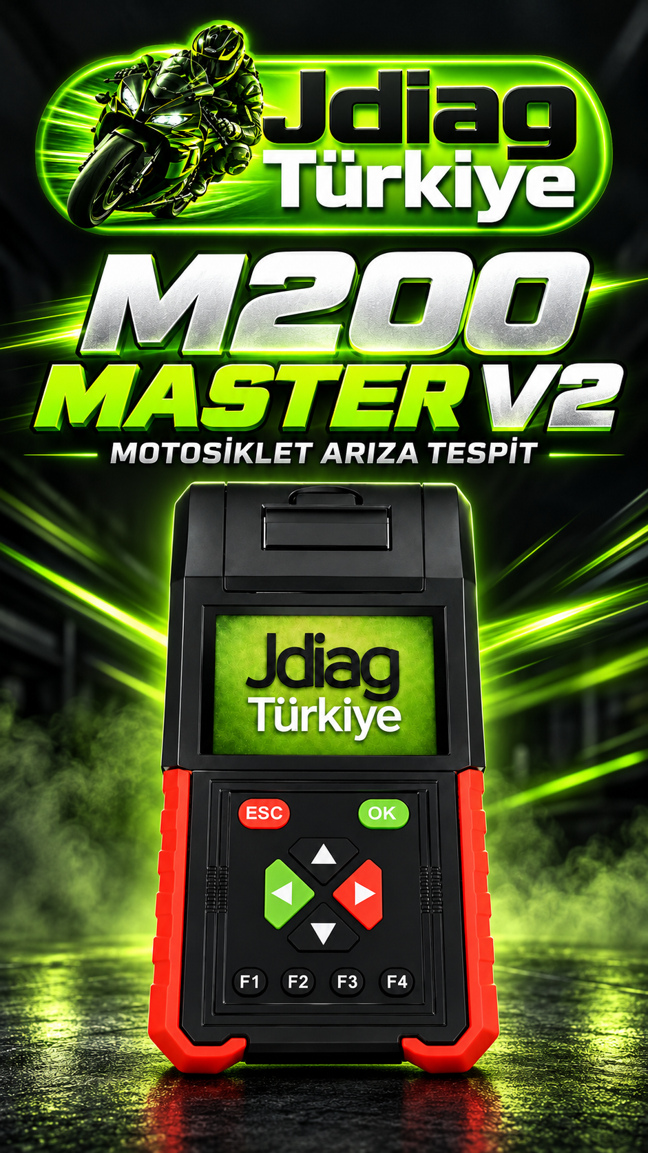 JDiag Türkiye motosikletli logosu ve M200 Master V2 cihazı