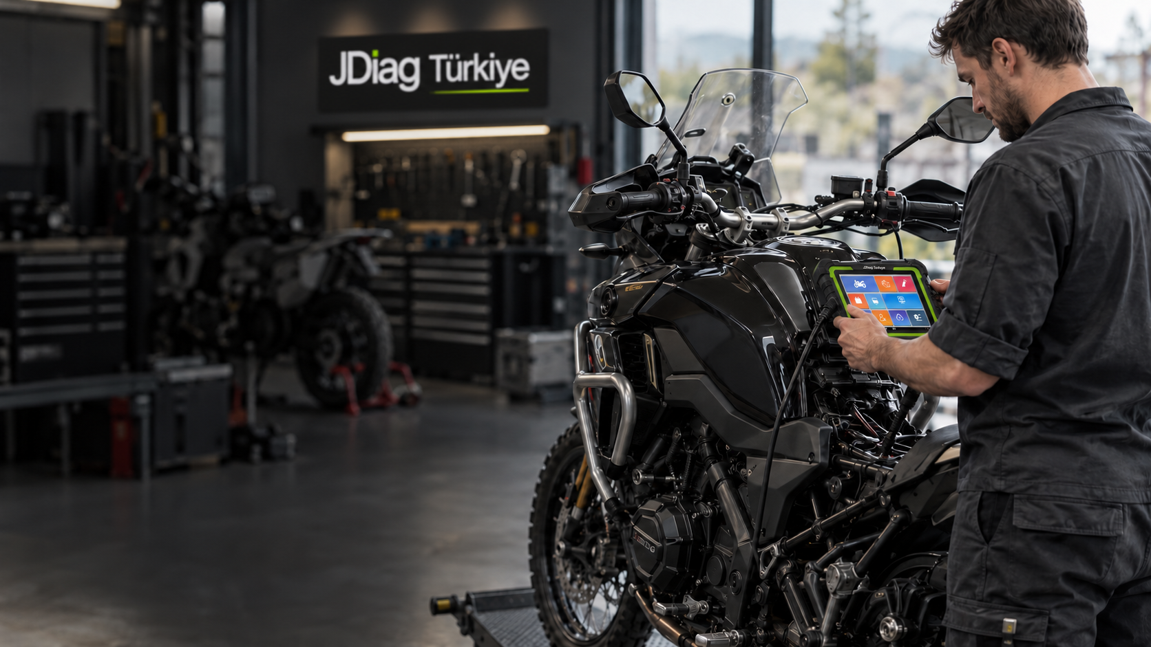 JDiag Türkiye tabelası önünde M400 Pro ile motosiklet teşhis çalışması — temsili görsel