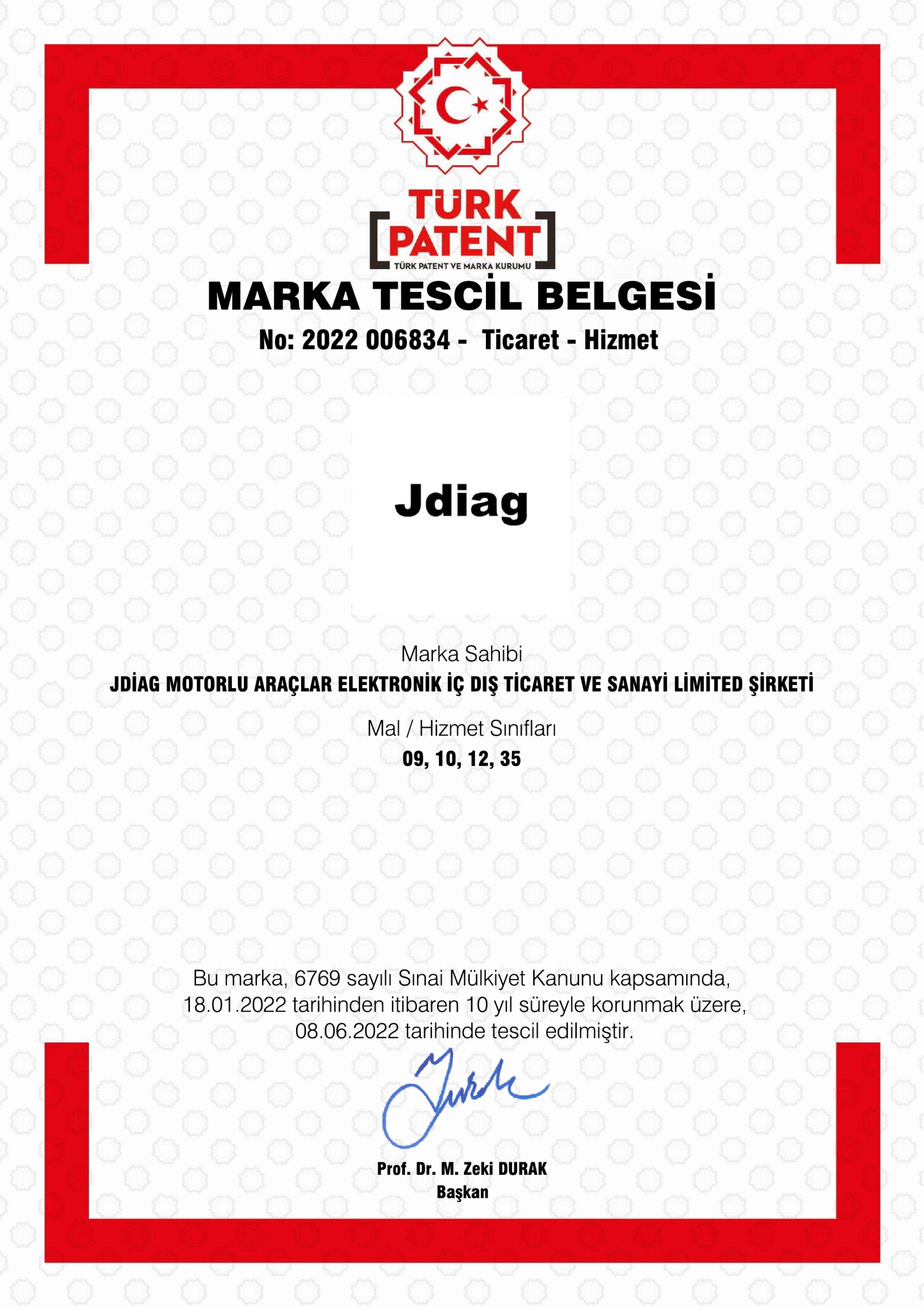 JDiag Marka Tescil Belgesi — 2022 006834