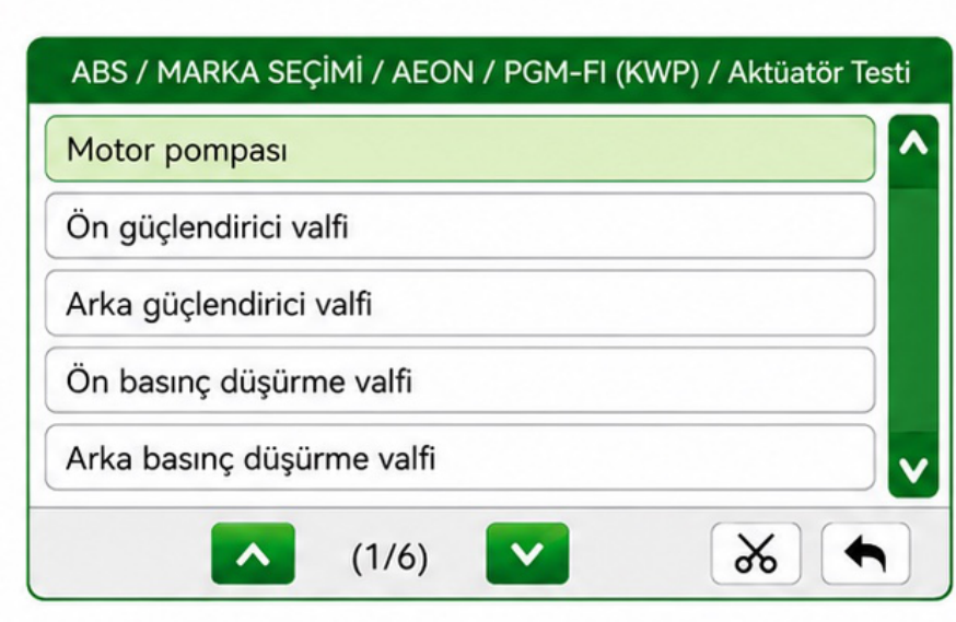 JDiag M200 Master V3 Pro Desteklenen ABS aktüatörlerinin test menüsü