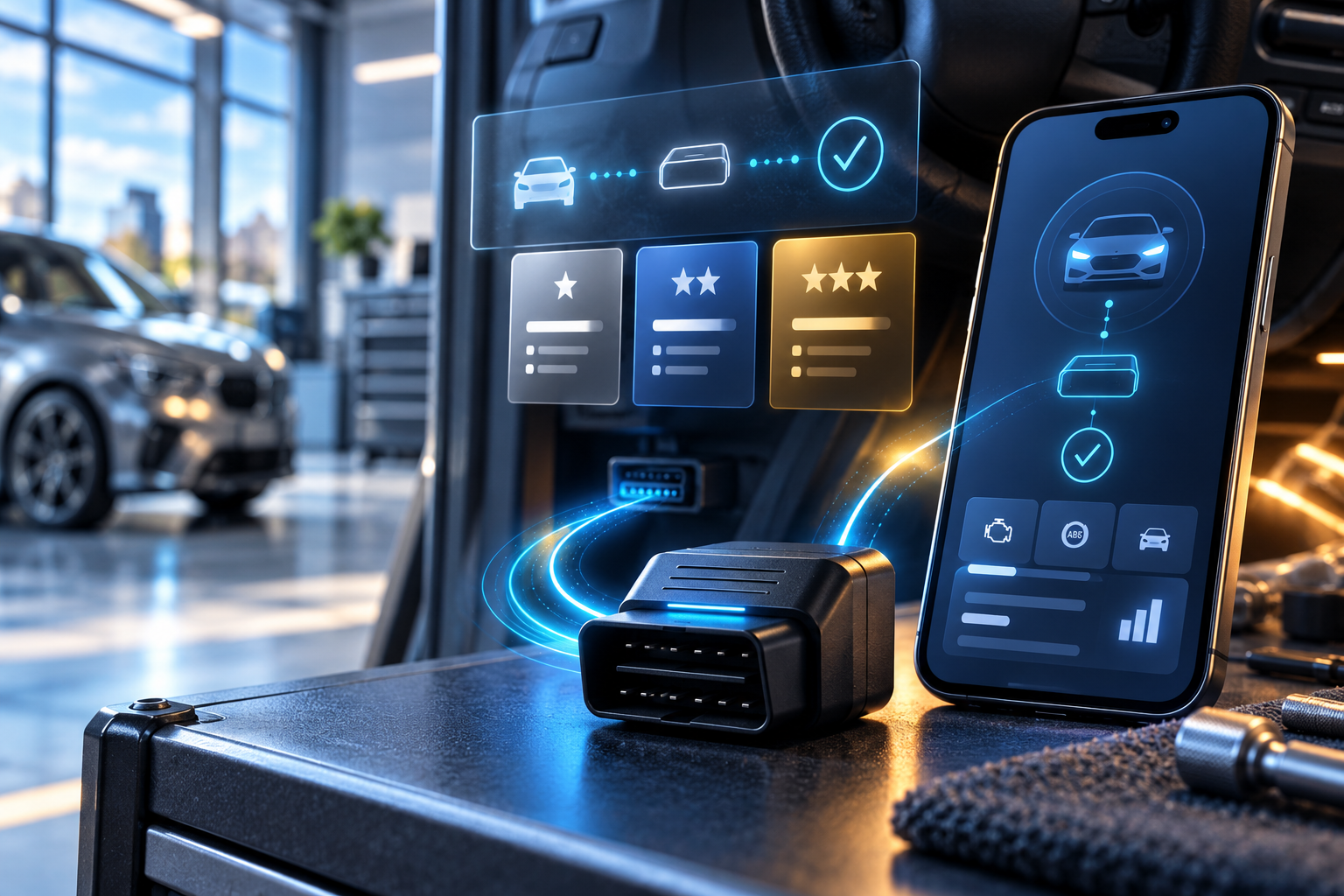 OBDeleven kurulumu ve plan aktivasyonu için telefon ve OBD cihazı bağlantısı