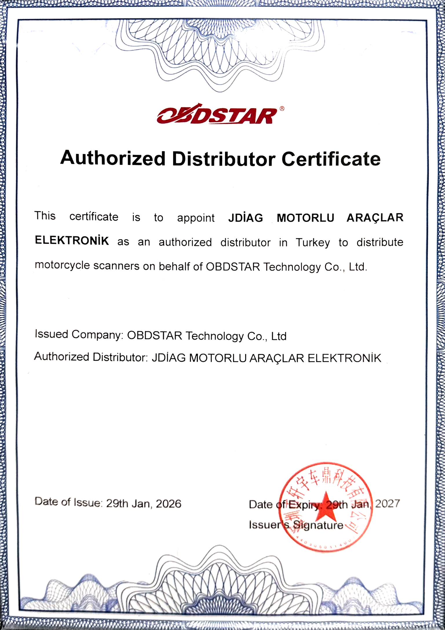 OBDSTAR Türkiye Yetkili Distribütörlük Belgesi
